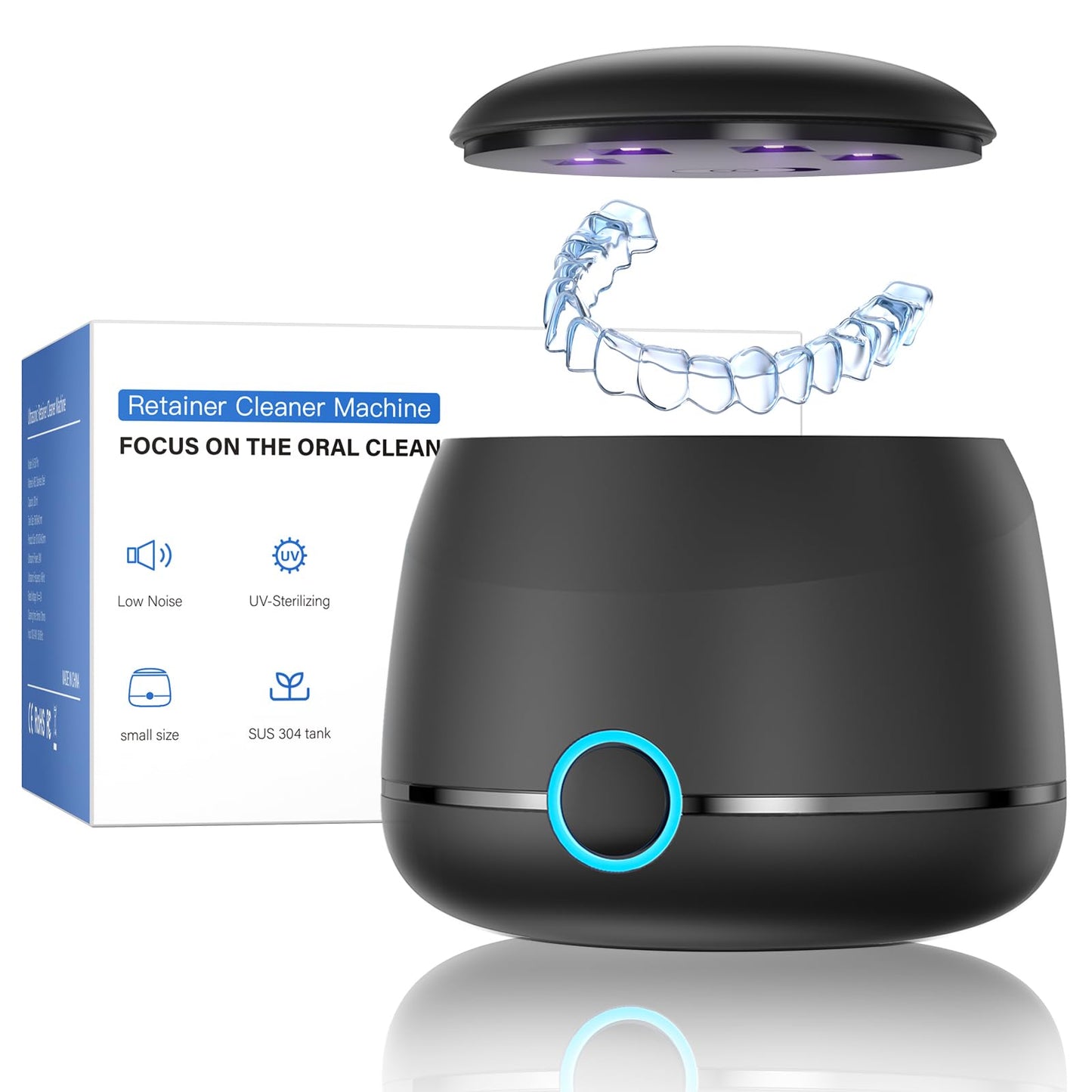 Midomi Ultrasonic Retainer Cleaner - 45kHz, 5/10 Min Modes, USB-C UV Lid, 200ml Pod (Black)