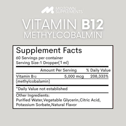 Midtown Supplements B12 5000 mcg – Sublingual Methylcobalamin Drops | Energy & Mood Booster
