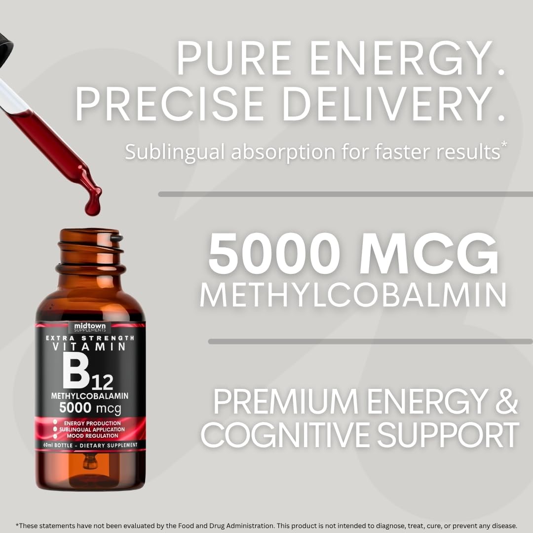 Midtown Supplements B12 5000 mcg – Sublingual Methylcobalamin Drops | Energy & Mood Booster