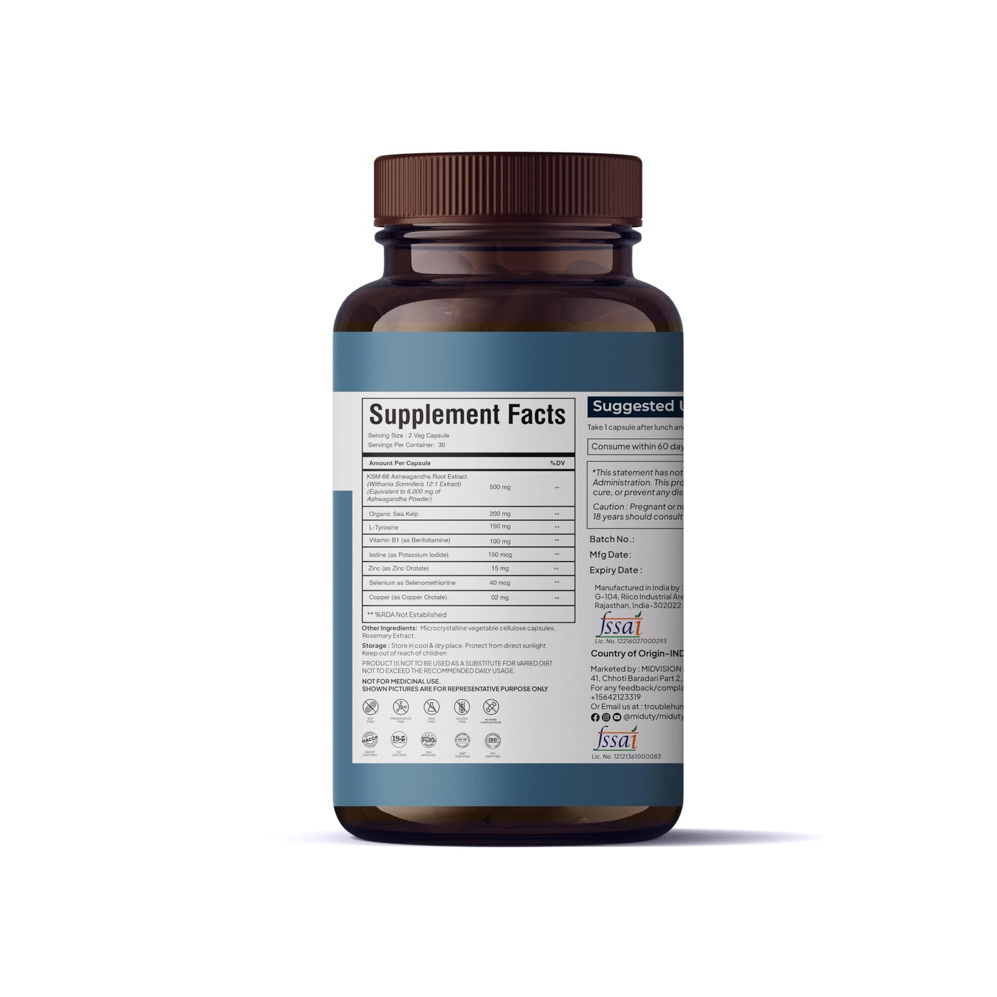 Miduty KSM-66 Ashwagandha + Organic Sea Kelp - L-Tyrosine, Iodine - 60 Capsules