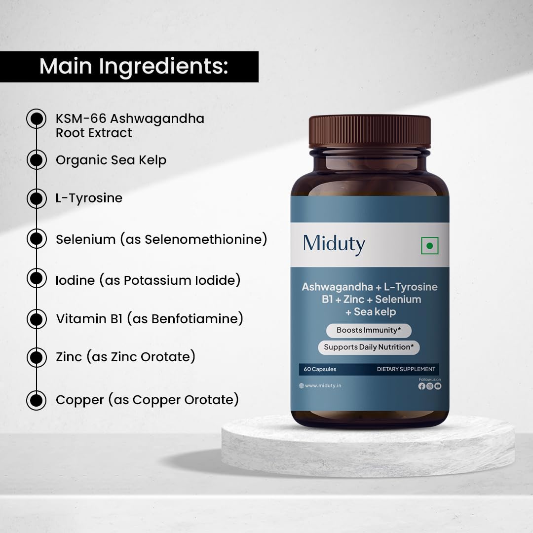 Miduty KSM-66 Ashwagandha + Organic Sea Kelp - L-Tyrosine, Iodine - 60 Capsules