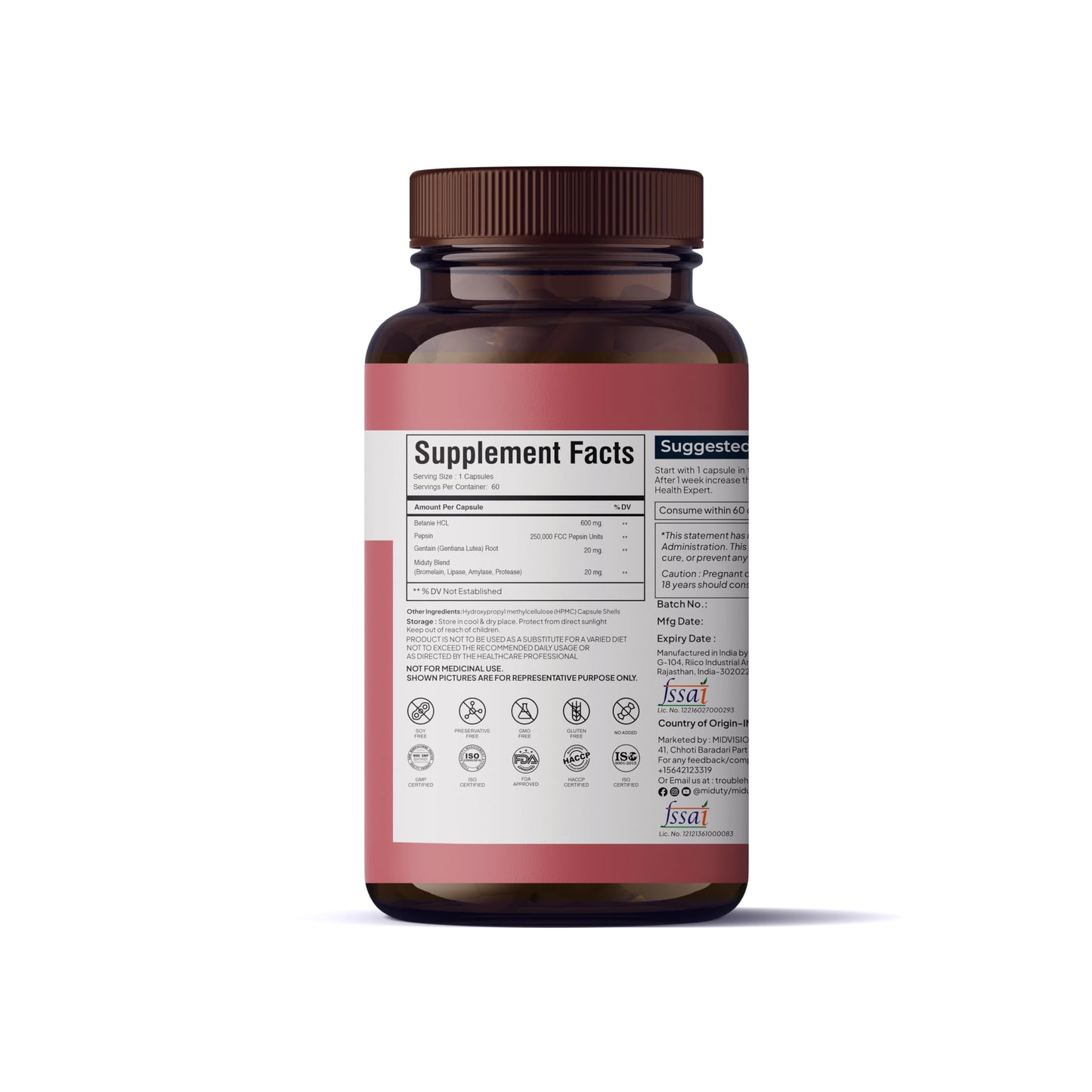Miduty by Palak Notes: Betaine HCl + Pepsin Digestive Enzyme Formula - Gluten Free, Non-GMO - 60 Capsules