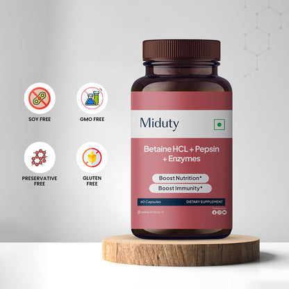 Miduty by Palak Notes: Betaine HCl + Pepsin Digestive Enzyme Formula - Gluten Free, Non-GMO - 60 Capsules