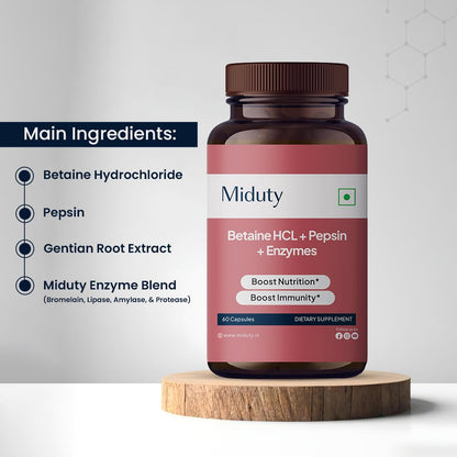 Miduty by Palak Notes: Betaine HCl + Pepsin Digestive Enzyme Formula - Gluten Free, Non-GMO - 60 Capsules