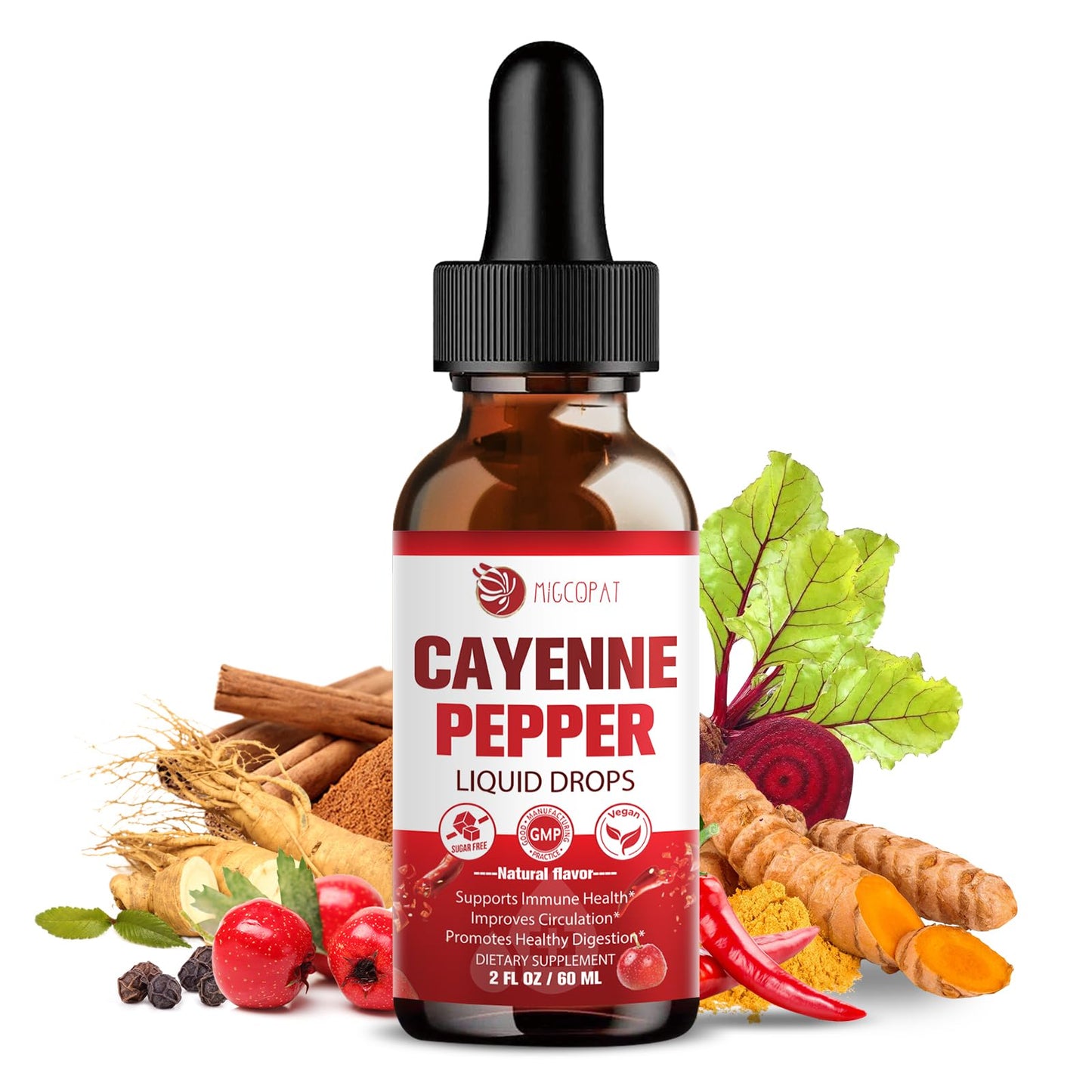 Migcopat Cayenne Pepper Drops Liquid with Vitamin D3 K2 – Immune Support & Digestive Wellness, 2 fl oz