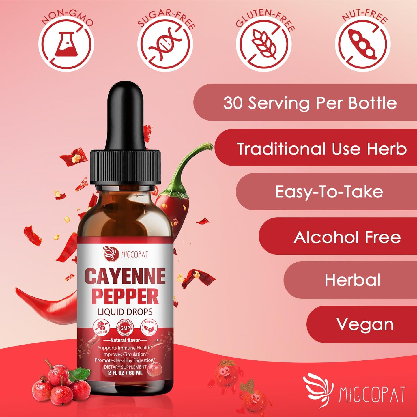 Migcopat Cayenne Pepper Drops Liquid with Vitamin D3 K2 – Immune Support & Digestive Wellness, 2 fl oz