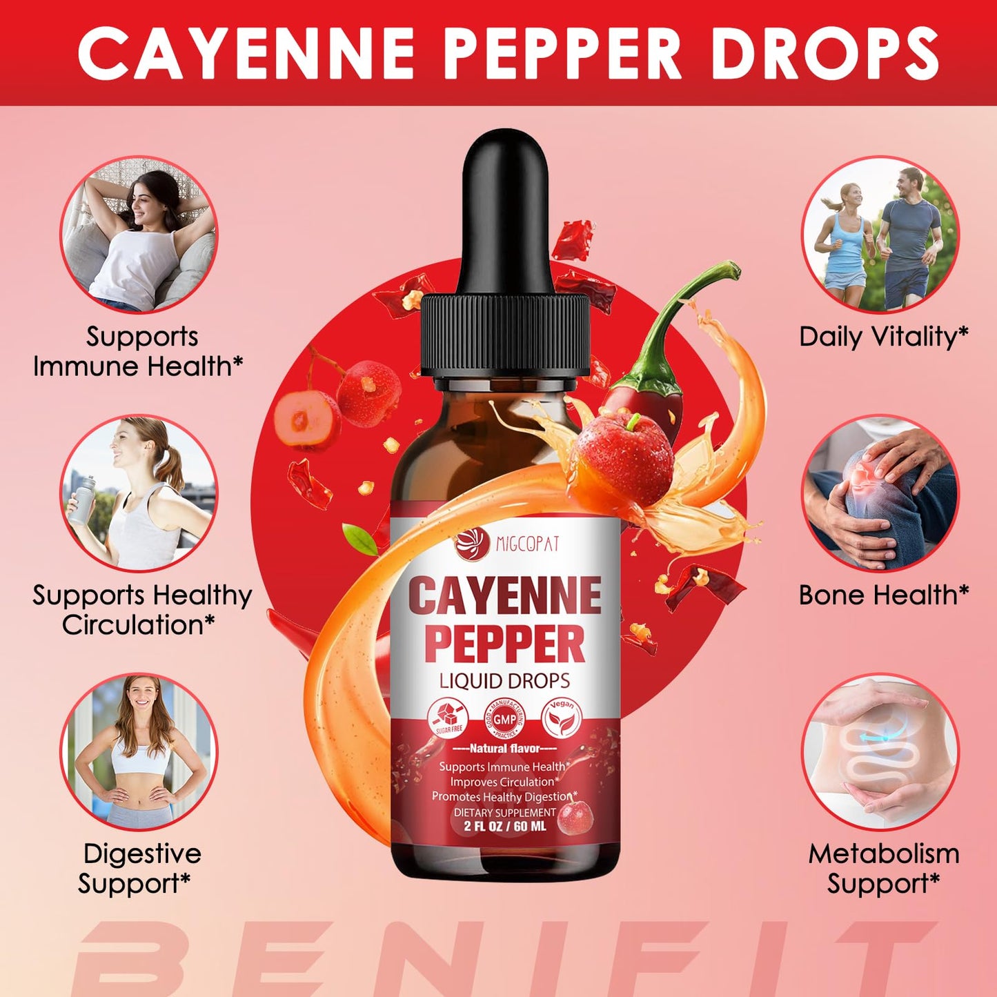 Migcopat Cayenne Pepper Drops Liquid with Vitamin D3 K2 – Immune Support & Digestive Wellness, 2 fl oz