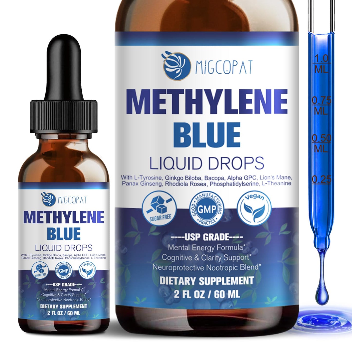 Migcopat Methylene Blue Drops with Alpha GPC, Lion's Mane & Bacopa - 2 fl oz