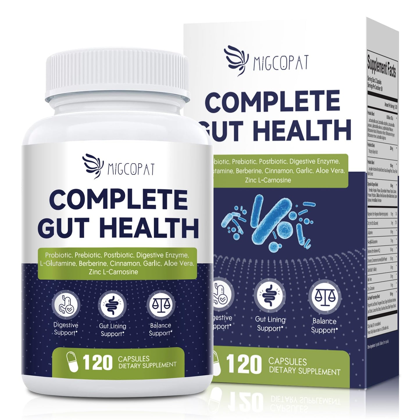 Migcopat Probiotic Prebiotic Postbiotic & Digestive Enzymes – 80B CFU, 120 Capsules