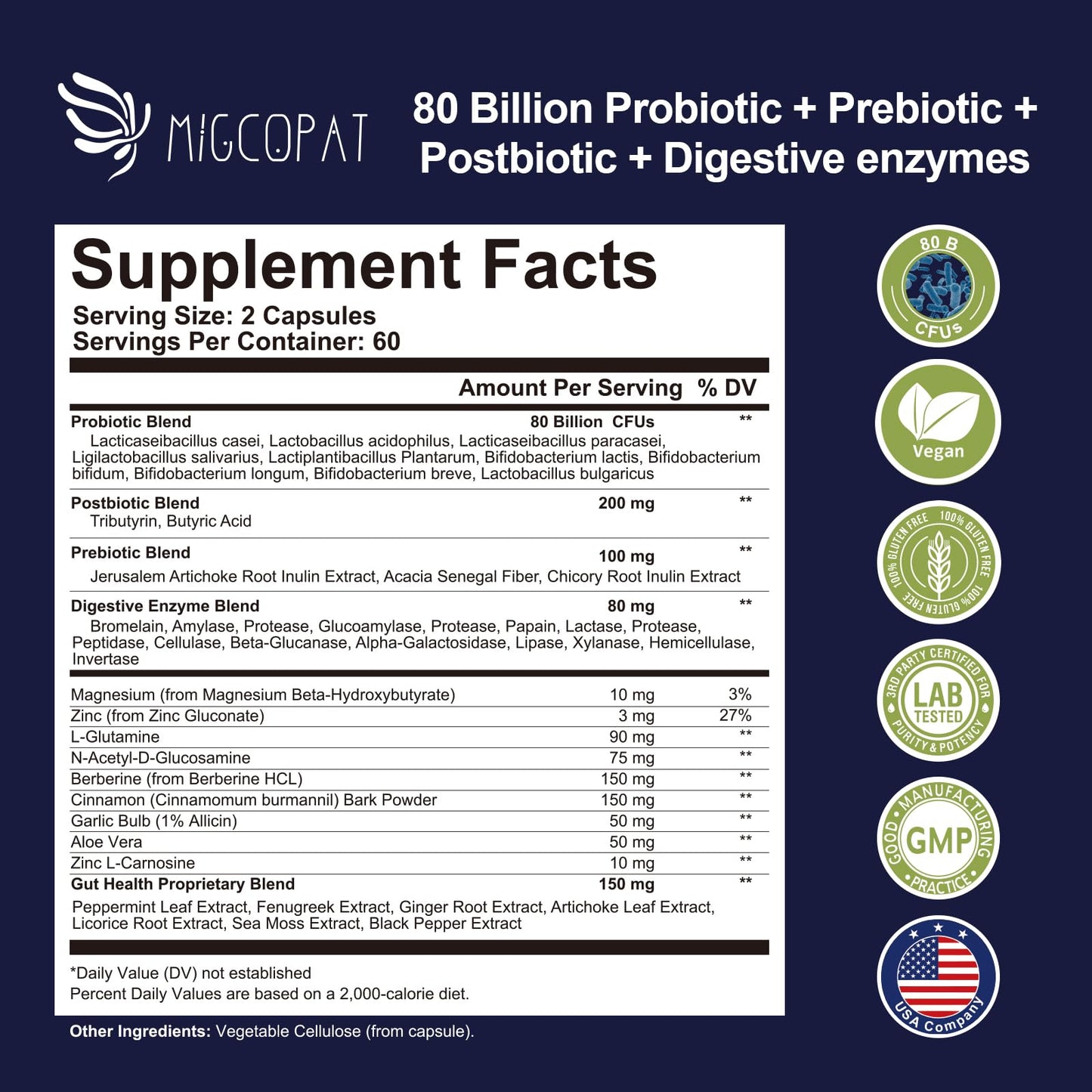 Migcopat Probiotics for Digestive Health – 80B CFU, Prebiotics, Postbiotics & Digestive Enzymes