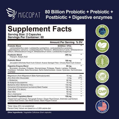 Migcopat Probiotic Prebiotic Postbiotic & Digestive Enzymes – 80B CFU, 120 Capsules