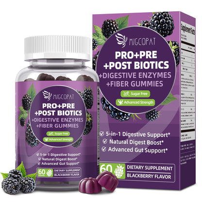 Migcopat Pre Post Probiotics Gummies - 5-in-1 Gut Support, 120B CFU, Vegan, Blackberry, 60 ct