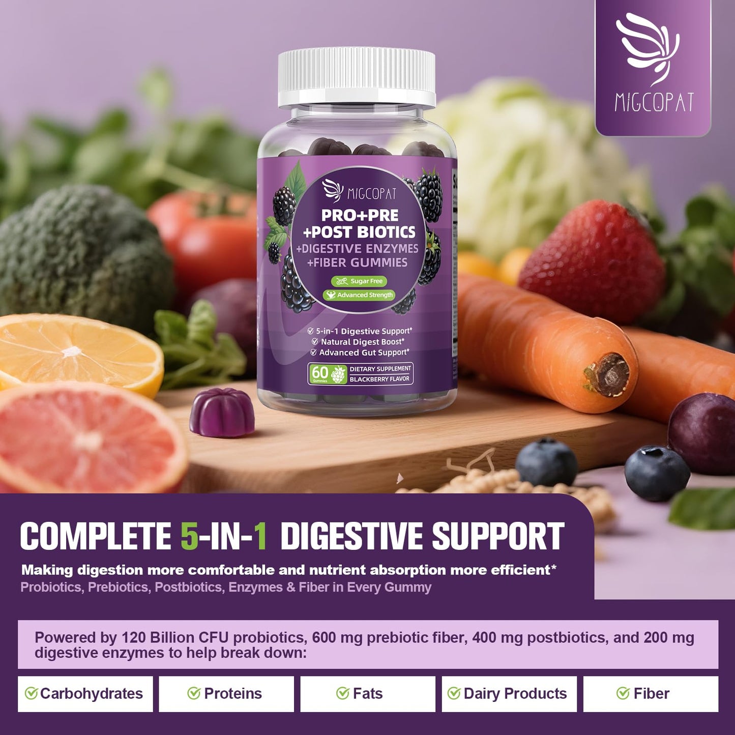 Migcopat Pre Post Probiotics Gummies - 5-in-1 Gut Support, 120B CFU, Vegan, Blackberry, 60 ct