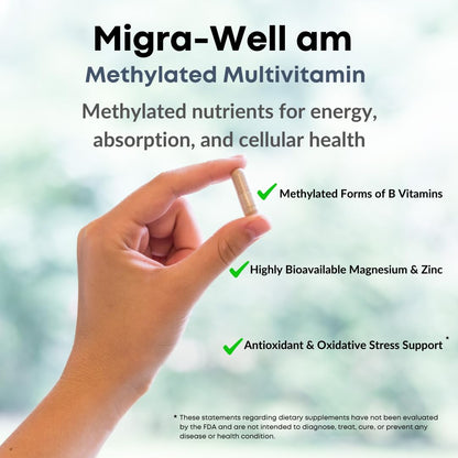 Wellkasa Migra-Well AM: Energizing Methylated Multivitamin – Brain & Nerve Health (No Iron, 60 Caps)