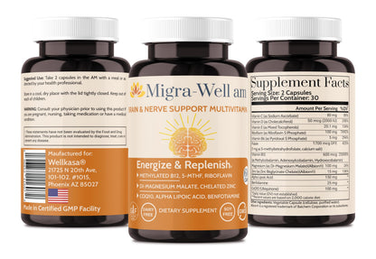 Wellkasa Migra-Well AM: Energizing Methylated Multivitamin – Brain & Nerve Health (No Iron, 60 Caps)