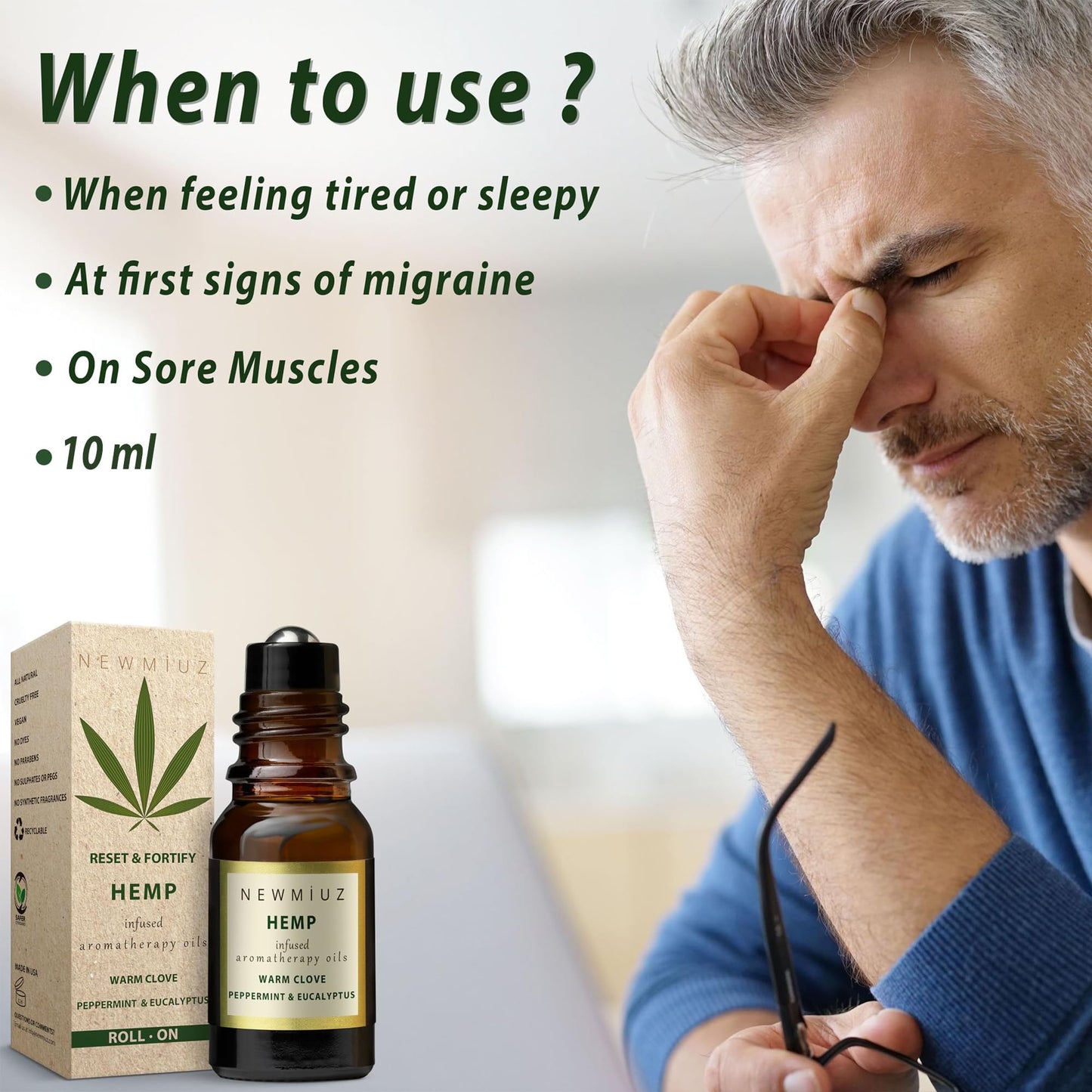 Migraine Headache Roll-On Stick 300mg Hemp Peppermint Eucalyptus Arnica