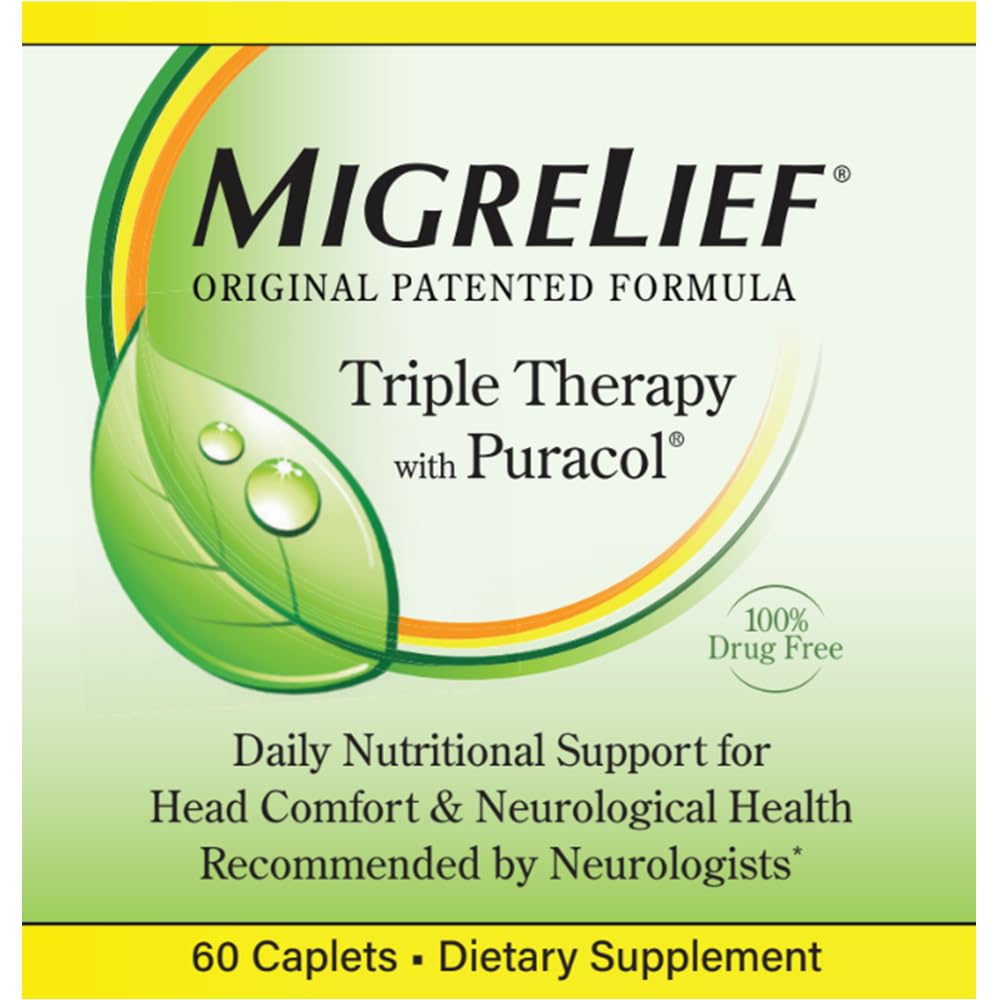MigreLief Original Triple Therapy with Puracol – 60 Caplets | Nutritional Support for Migraine Sufferers