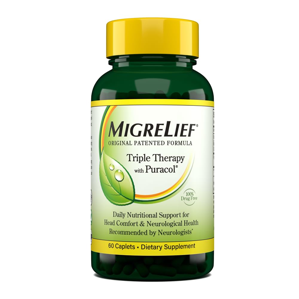 MigreLief Original Triple Therapy with Puracol – 60 Caplets | Nutritional Support for Migraine Sufferers