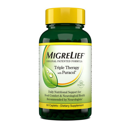 MigreLief Original Triple Therapy with Puracol – 60 Caplets | Nutritional Support for Migraine Sufferers