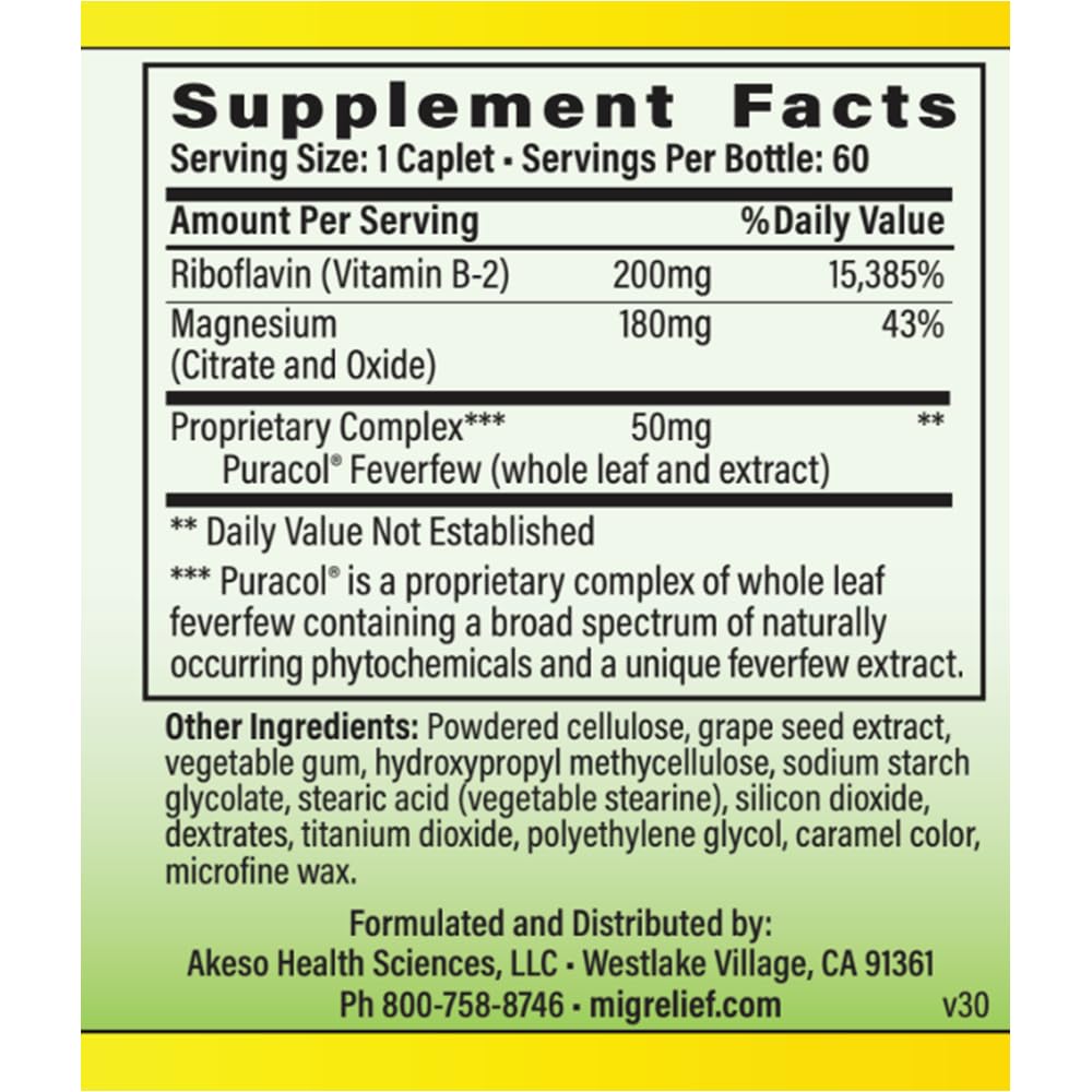 MigreLief Original Triple Therapy with Puracol – 60 Caplets | Nutritional Support for Migraine Sufferers