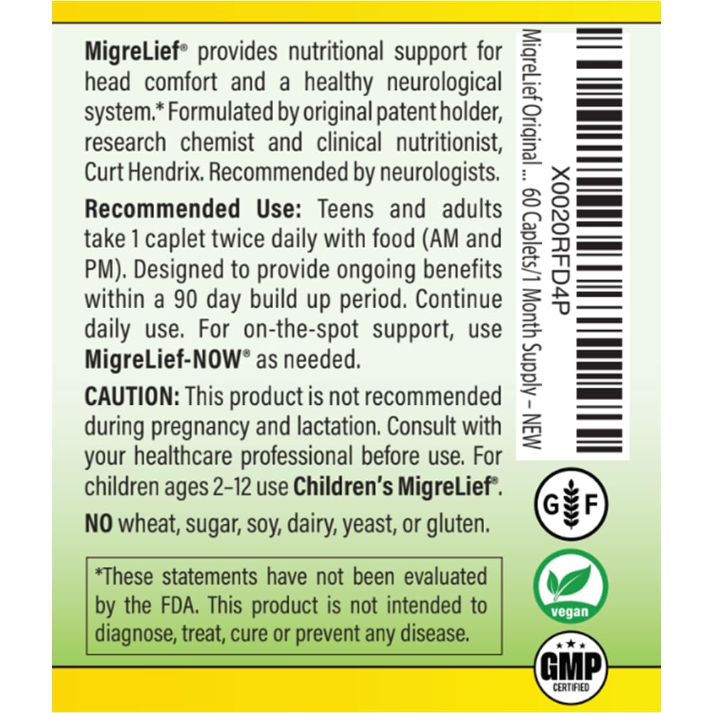 MigreLief Original Triple Therapy with Puracol – 60 Caplets | Nutritional Support for Migraine Sufferers