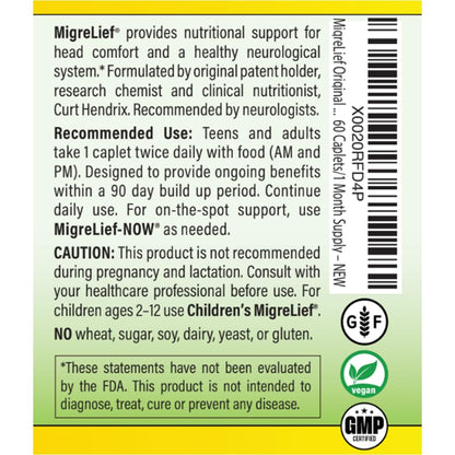 MigreLief Original Triple Therapy with Puracol – 60 Caplets | Nutritional Support for Migraine Sufferers
