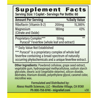 MigreLief Original Triple Therapy with Puracol – 60 Caplets | Nutritional Support for Migraine Sufferers