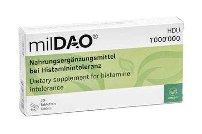 milDAO® – 30 Vegan Tablets | DAO Enzyme for Histamine Intolerance | 1,000,000 HDU