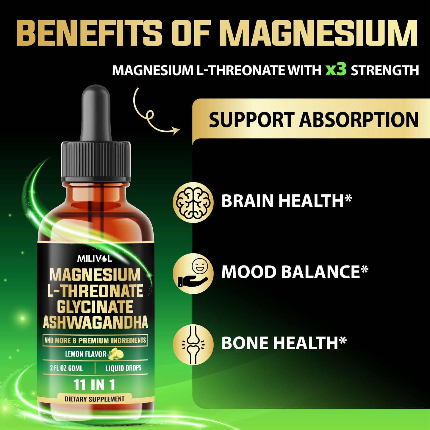MILIVOL 10in1 Magnesium Drops – Lemon (2oz) | L-Threonate, Glycinate, Ashwagandha