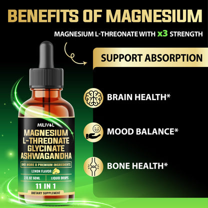 MILIVOL 10in1 Magnesium Drops – Lemon (2oz) | L-Threonate, Glycinate, Ashwagandha