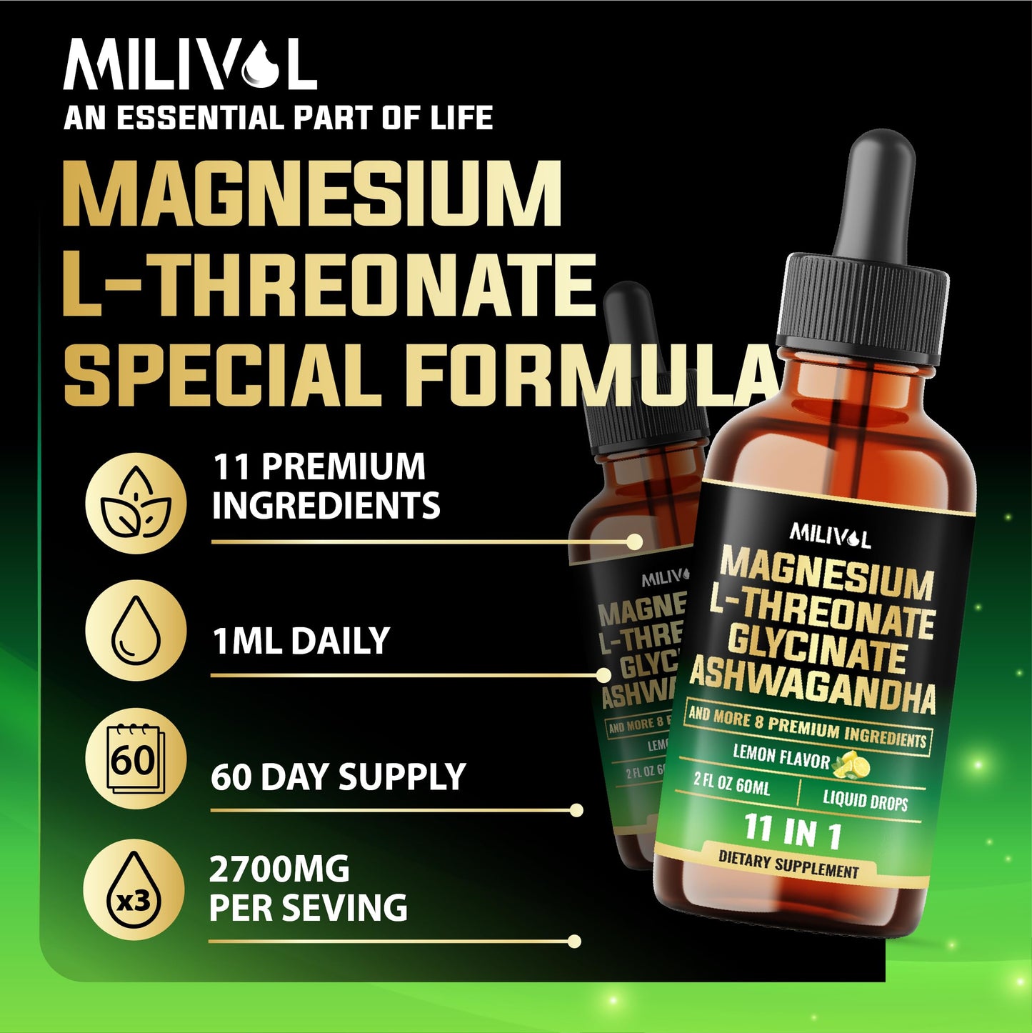 MILIVOL 10in1 Magnesium Drops – Lemon (2oz) | L-Threonate, Glycinate, Ashwagandha