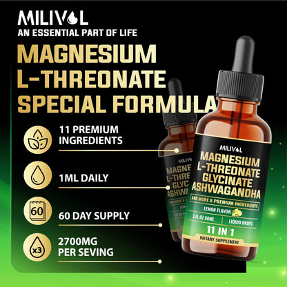 MILIVOL 10in1 Magnesium Drops – Lemon (2oz) | L-Threonate, Glycinate, Ashwagandha