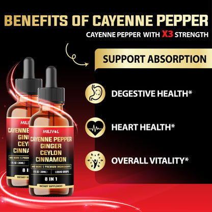 MILIVOL 8in1 Cayenne Pepper Liquid Drops with Ginger, Cinnamon, Turmeric, Berberine – Digestive & Circulatory Health Support (2 x 30ml)