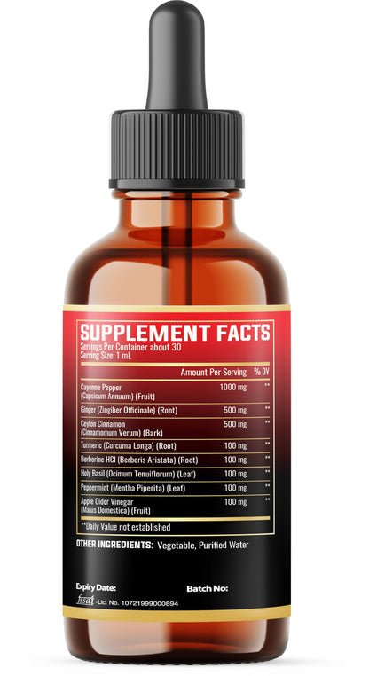 MILIVOL 8in1 Cayenne Pepper Liquid Drops with Ginger, Cinnamon, Turmeric, Berberine – Digestive & Circulatory Health Support (2 x 30ml)
