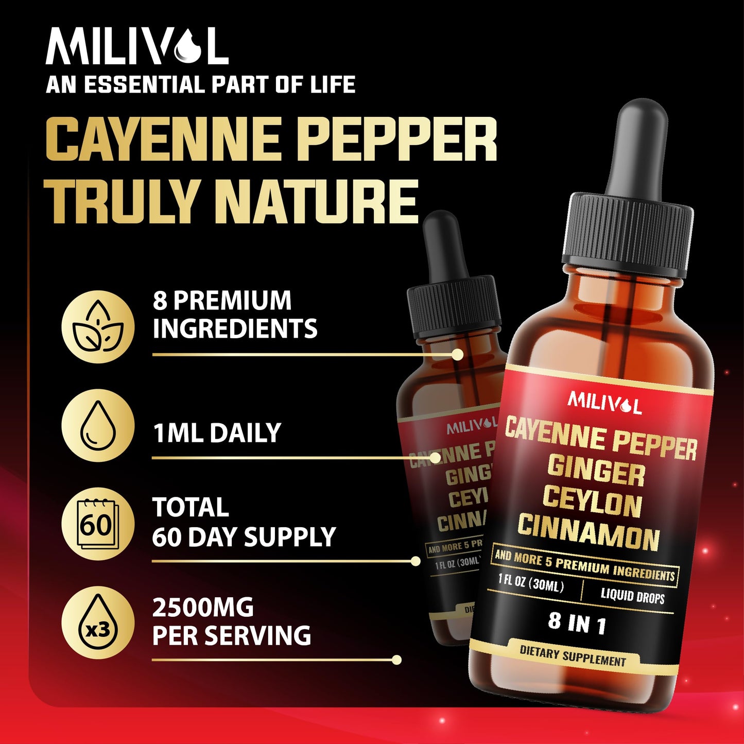 MILIVOL 8in1 Cayenne Pepper Liquid Drops with Ginger, Cinnamon, Turmeric, Berberine – Digestive & Circulatory Health Support (2 x 30ml)