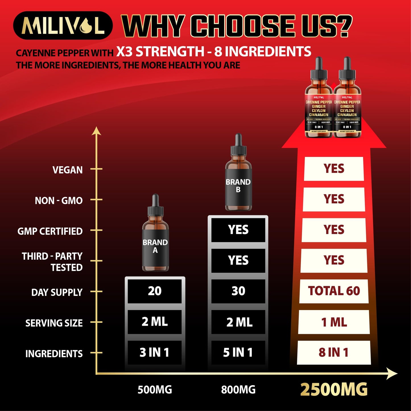 MILIVOL 8in1 Cayenne Pepper Liquid Drops with Ginger, Cinnamon, Turmeric, Berberine – Digestive & Circulatory Health Support (2 x 30ml)