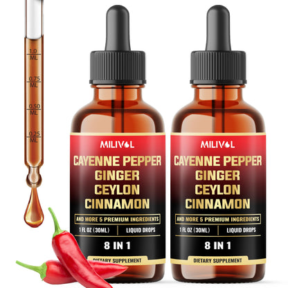 MILIVOL 8in1 Cayenne Pepper Liquid Drops with Ginger, Cinnamon, Turmeric, Berberine – Digestive & Circulatory Health Support (2 x 30ml)