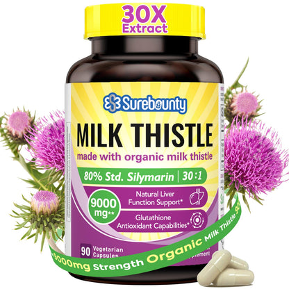 Organic Milk Thistle 9000 mg Equivalent – 30X Extract, 80% Silymarin, Liver Support, 90 Veggie Caps