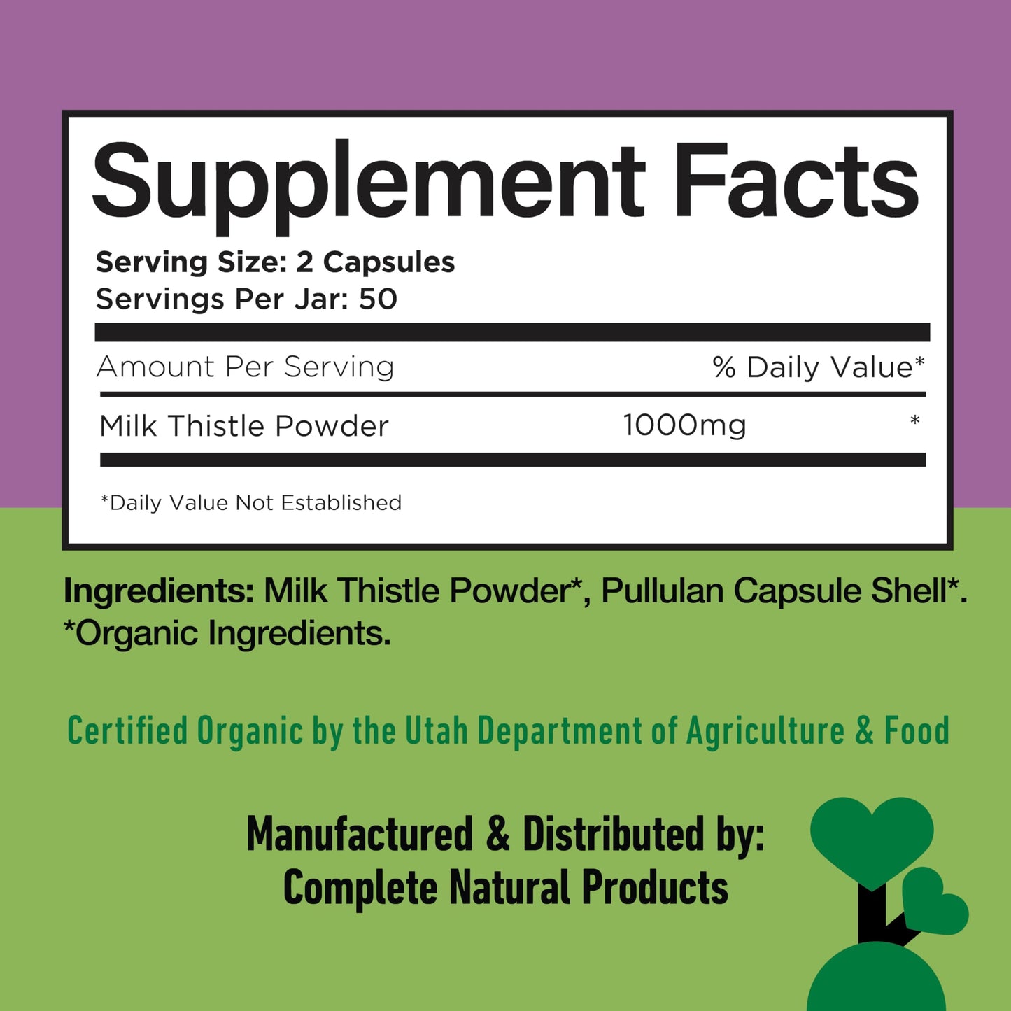 Milk Thistle Capsules 500 mg Silymarin – Pure Organic, Pack of 2 (200 Capsules) | Complete Natural Products