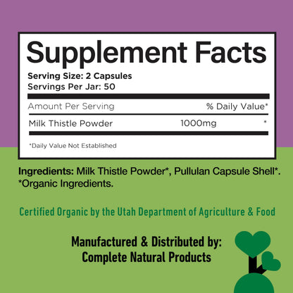 Milk Thistle Capsules 500 mg Silymarin – Pure Organic, Pack of 2 (200 Capsules) | Complete Natural Products