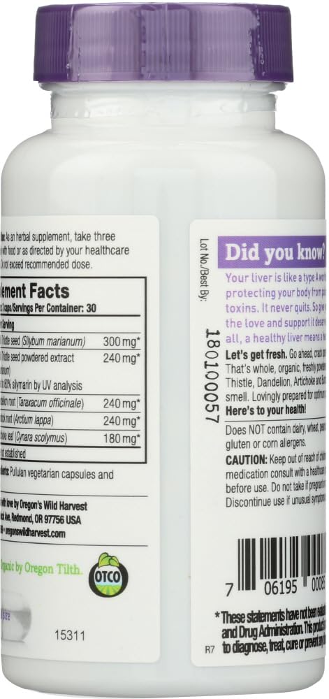 Oregon's Wild Harvest Milk Thistle Dandelion – 80% Silymarins (90 Capsules)