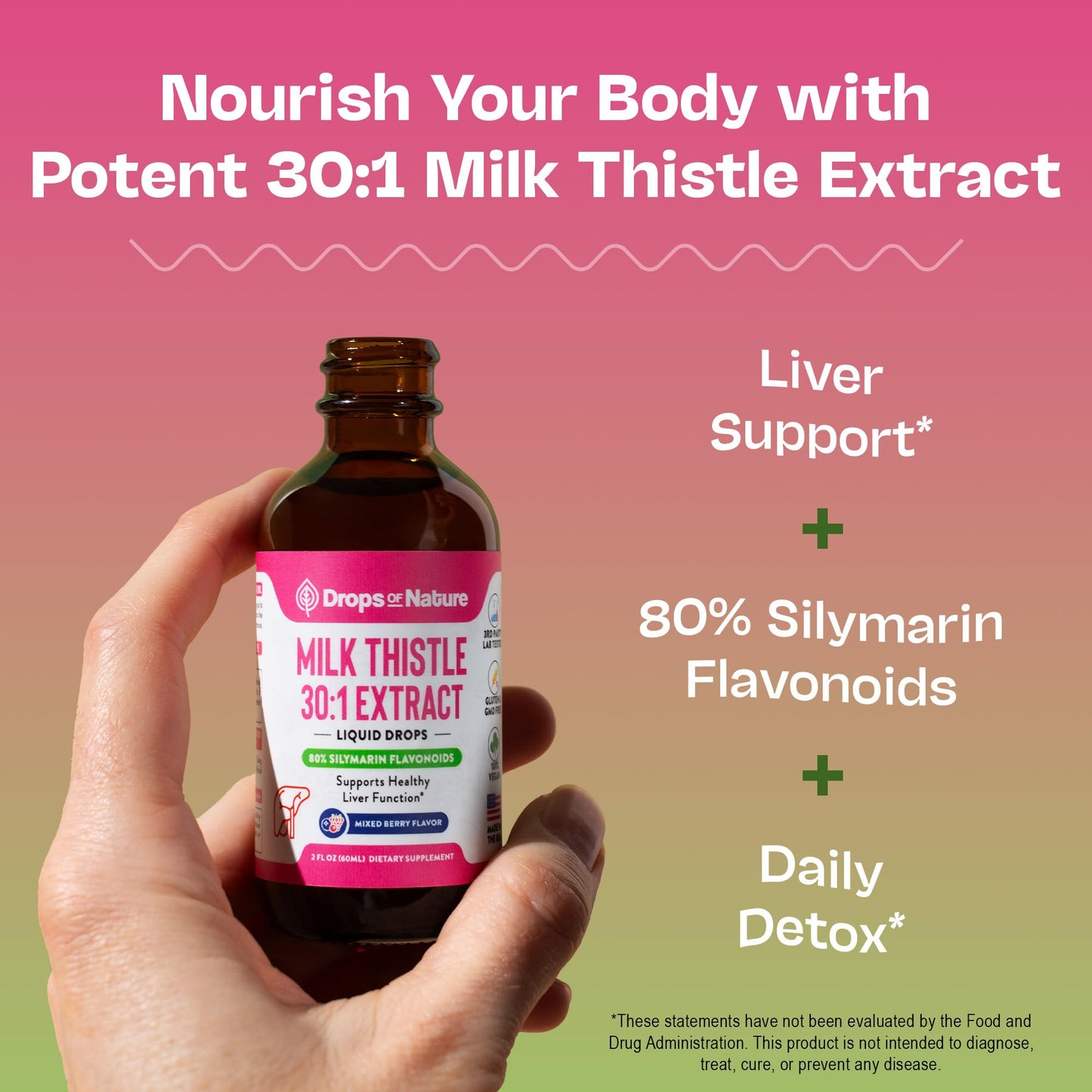 Milk Thistle Drops with 80% Silymarin Flavonoids – Vegan, Non-GMO, Fast-Absorbing – Mixed Berry, 60 mL