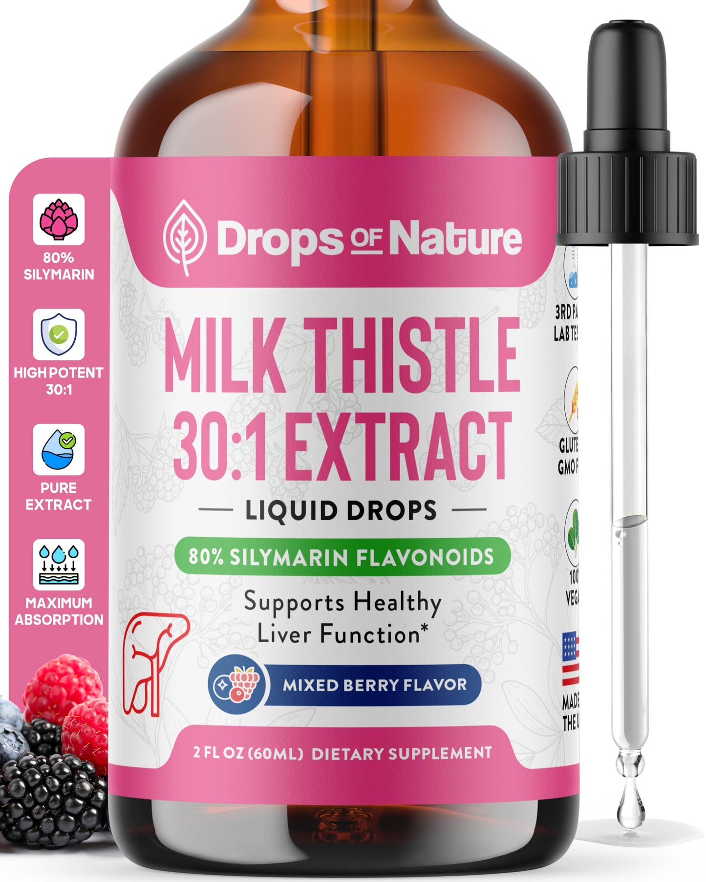 Milk Thistle Drops with 80% Silymarin Flavonoids – Vegan, Non-GMO, Fast-Absorbing – Mixed Berry, 60 mL