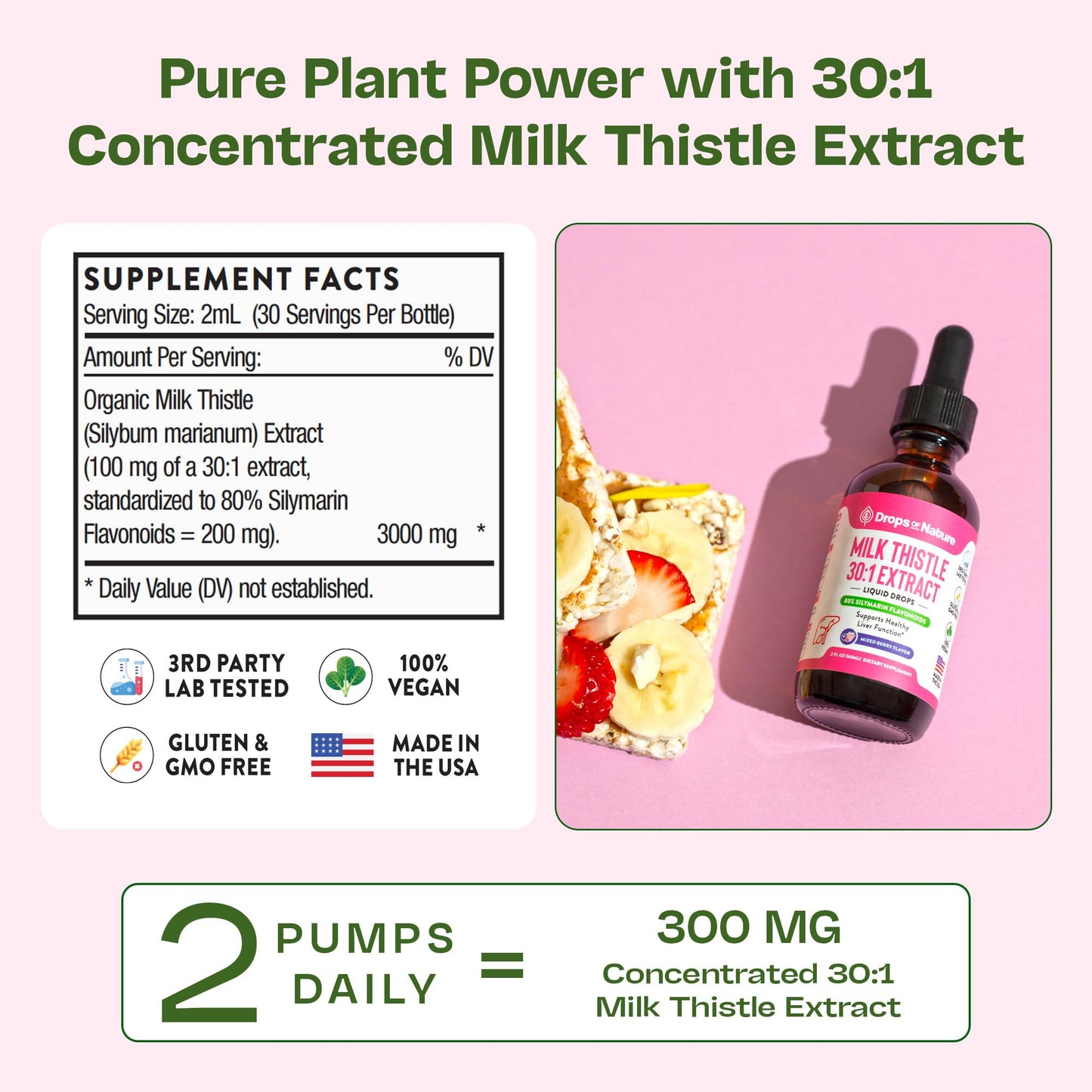 Milk Thistle Drops with 80% Silymarin Flavonoids – Vegan, Non-GMO, Fast-Absorbing – Mixed Berry, 60 mL
