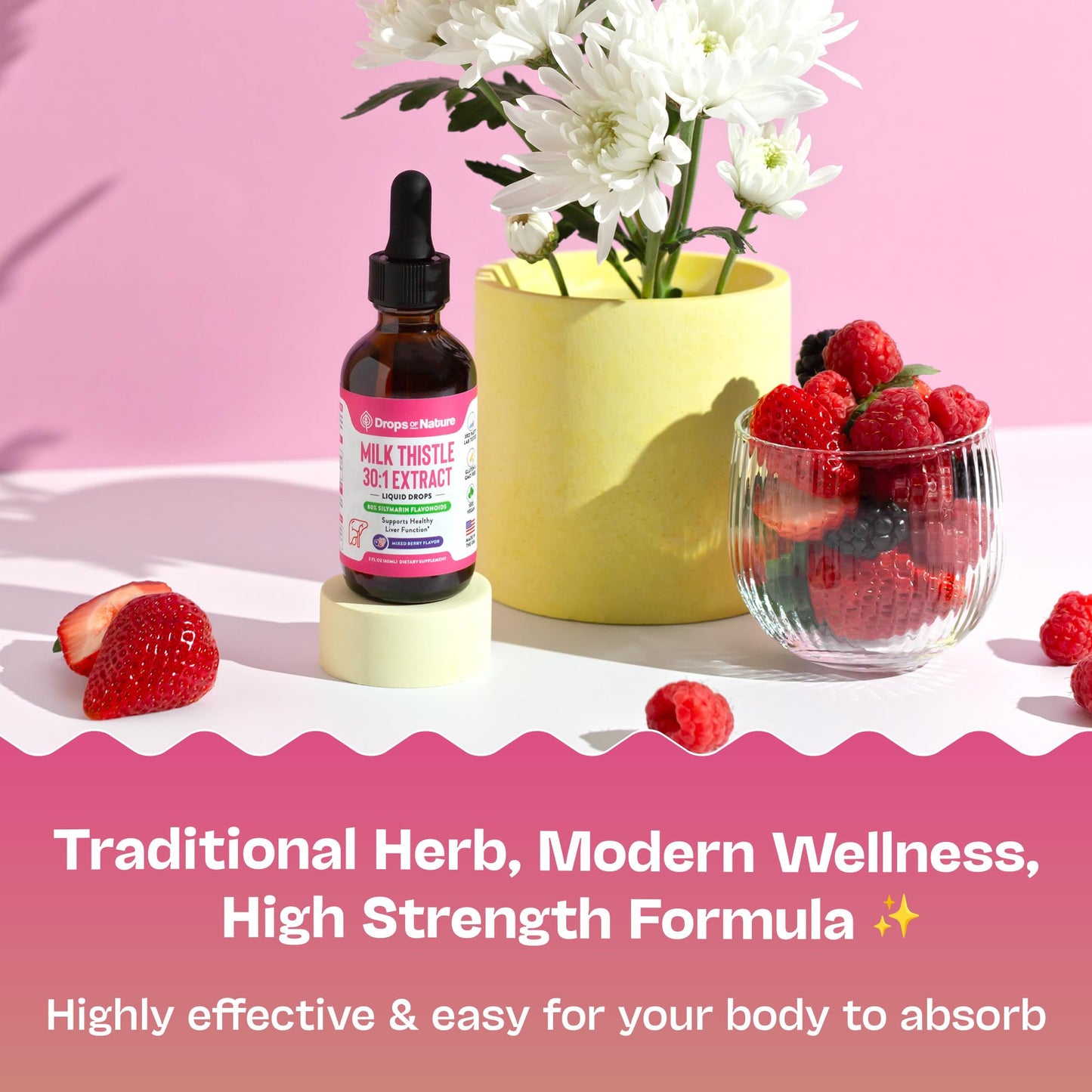 Milk Thistle Drops with 80% Silymarin Flavonoids – Vegan, Non-GMO, Fast-Absorbing – Mixed Berry, 60 mL