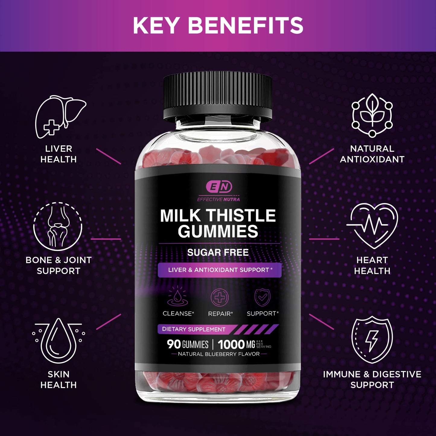 EFFECTIVE NUTRA Milk Thistle Gummies – Sugar-Free 1000mg Liver Detox | 90 Count