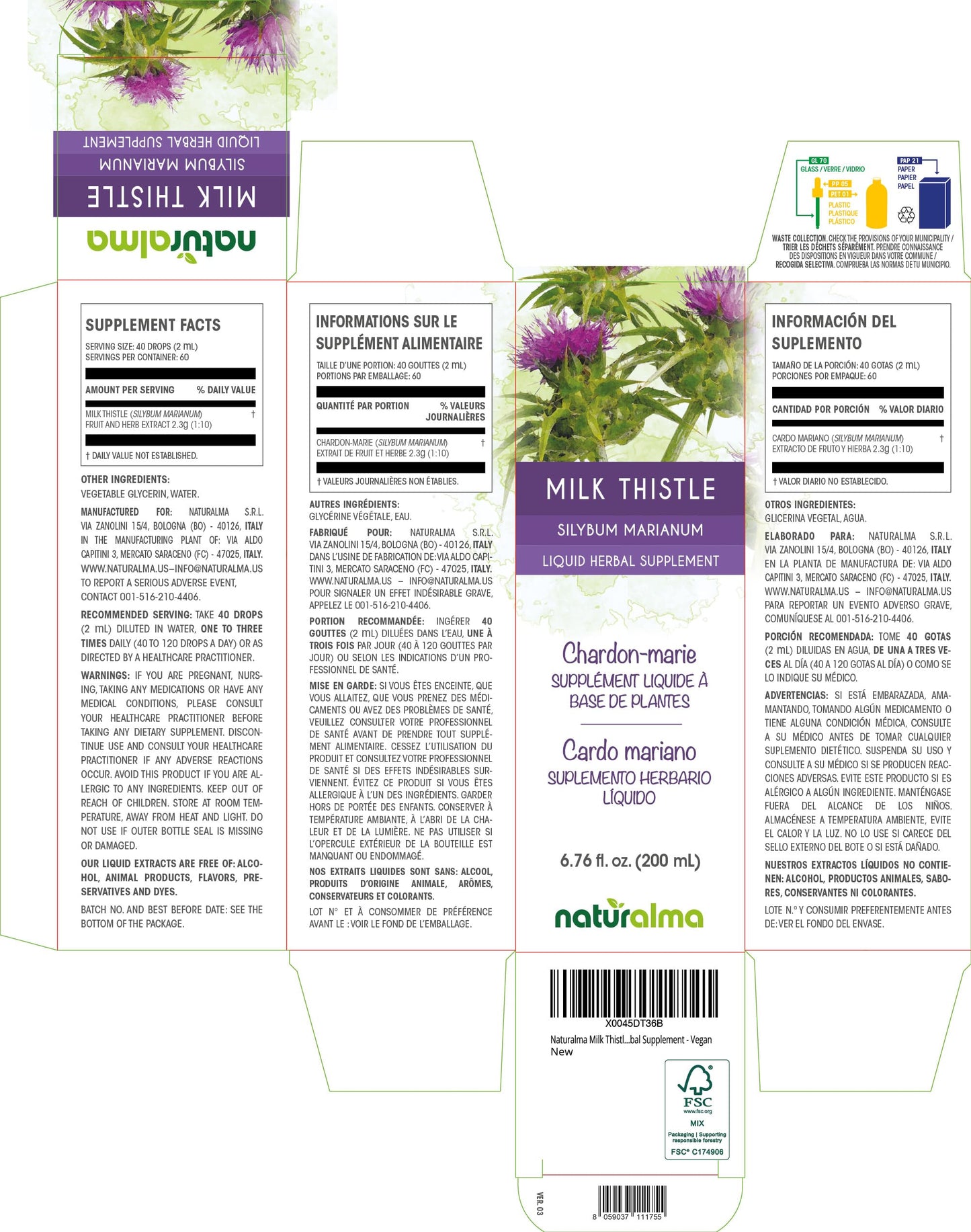 Naturalma Milk Thistle Tincture (Silybum marianum) – Alcohol-Free, 6.76 fl oz, Vegan