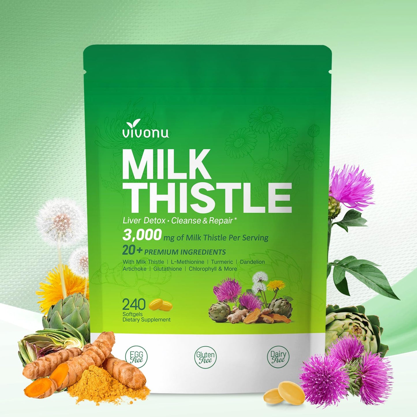 Milk Thistle Liver Detox Capsules 3000mg - 20-in-1 Liver Support, 240 Softgels
