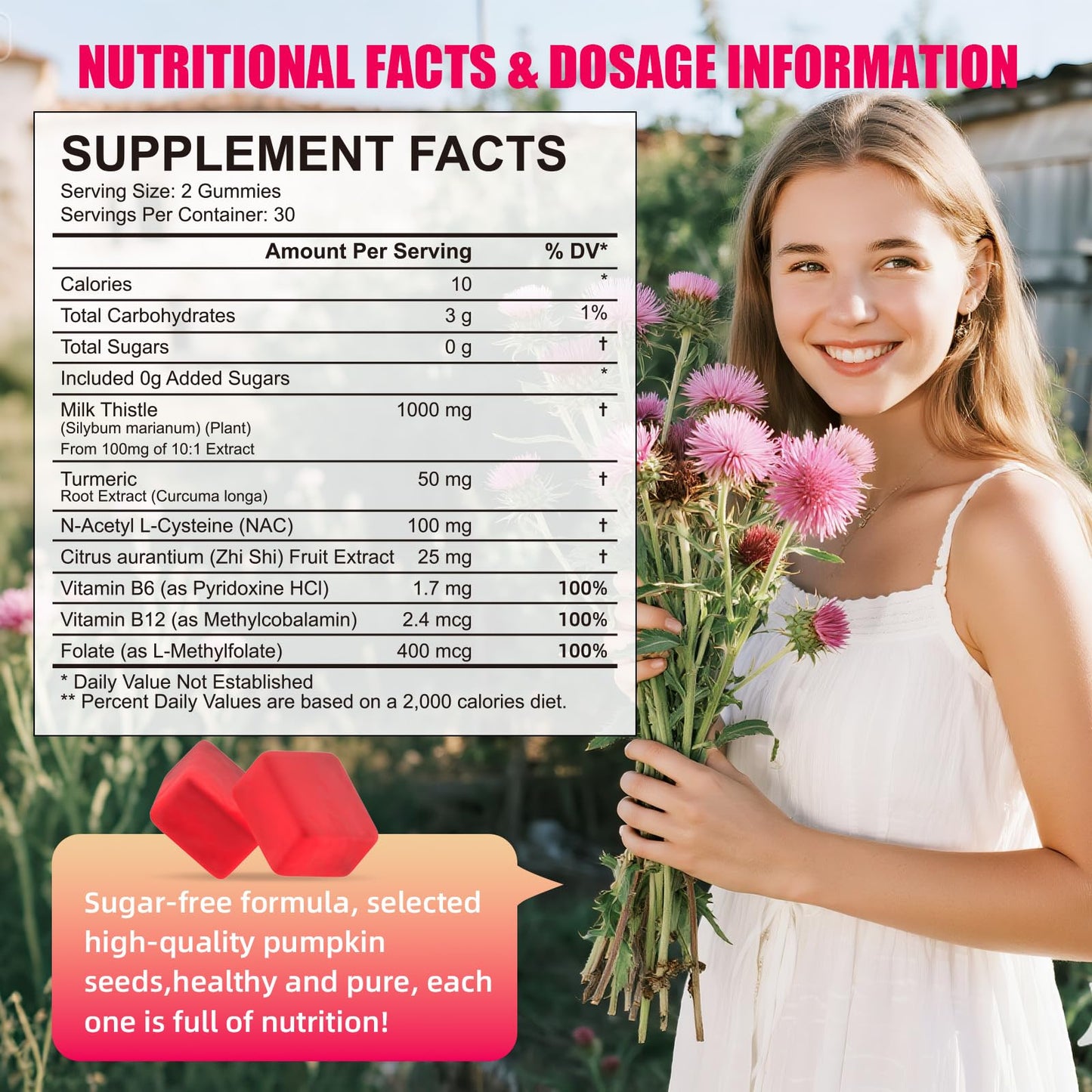 Milk Thistle Liver Detox Gummies - 1000mg per Serving, Sugar-Free, Turmeric, NAC & Folate | Non-GMO & Gluten-Free