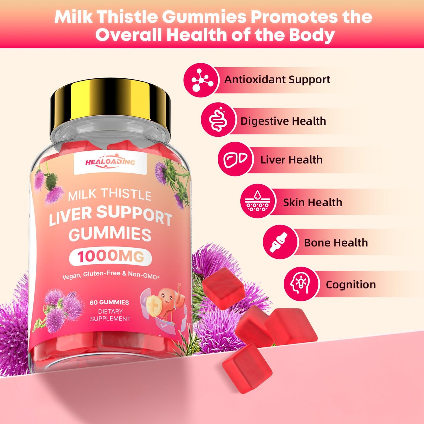 Milk Thistle Liver Detox Gummies - 1000mg per Serving, Sugar-Free, Turmeric, NAC & Folate | Non-GMO & Gluten-Free